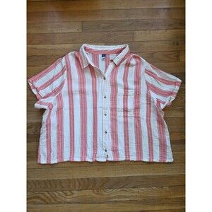 Old Navy pink white striped crinkle gauze boxy fit button front shirt size xl